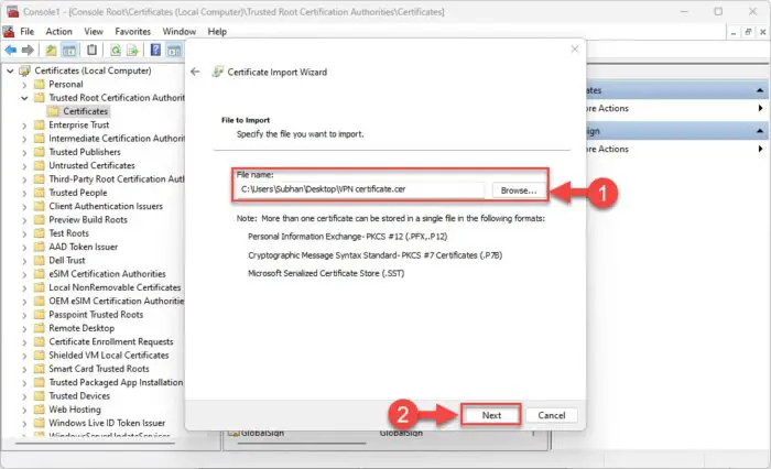 浏览并选择证书